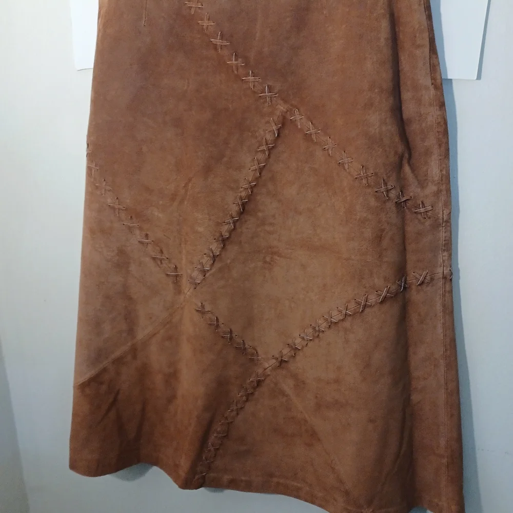 Vintage Faded Glory Brown Suede Midi Skirt With X Design Zip-Up Closure Side 12 - Picture 10 of 11